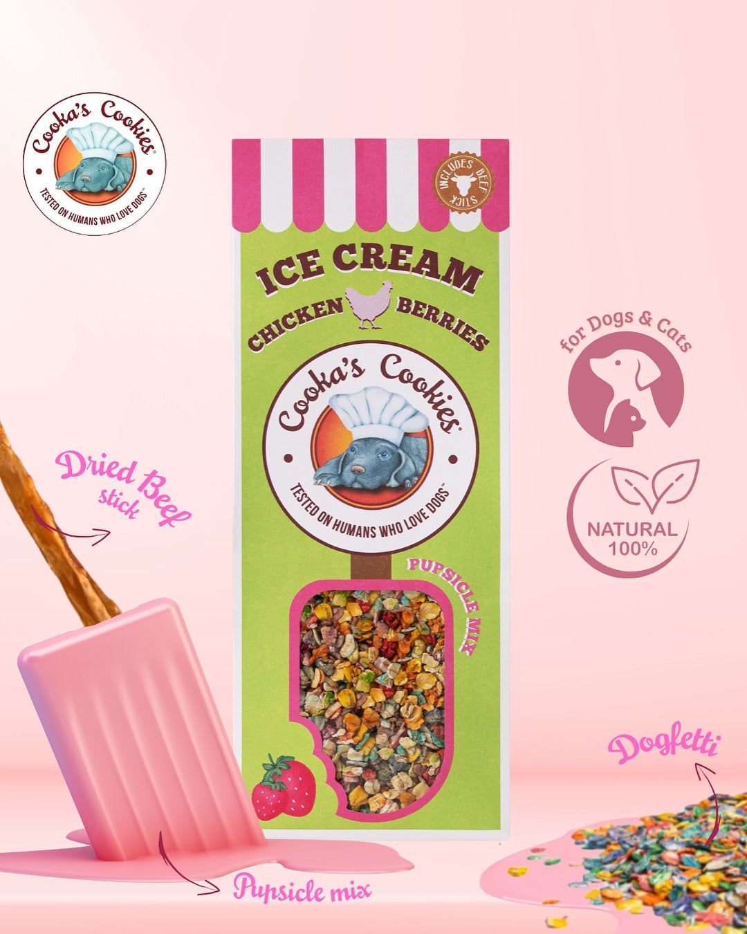 IJsplezier voor honden -starterskit: 2 x  ijsjesmix + 2 silicone vormpjes roze/blauw